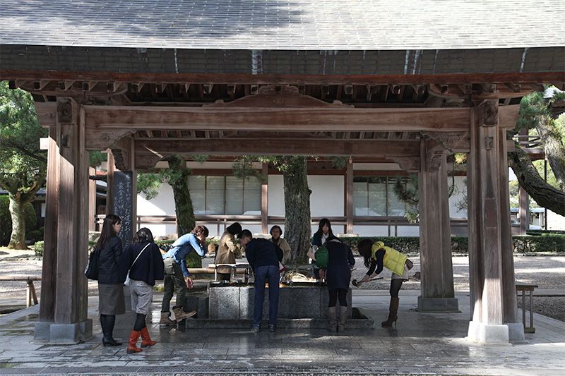 日本寺庙游客在手水屋喷泉进行传统净化仪式,用木勺洗手,为祈祷和寺庙参拜做准备